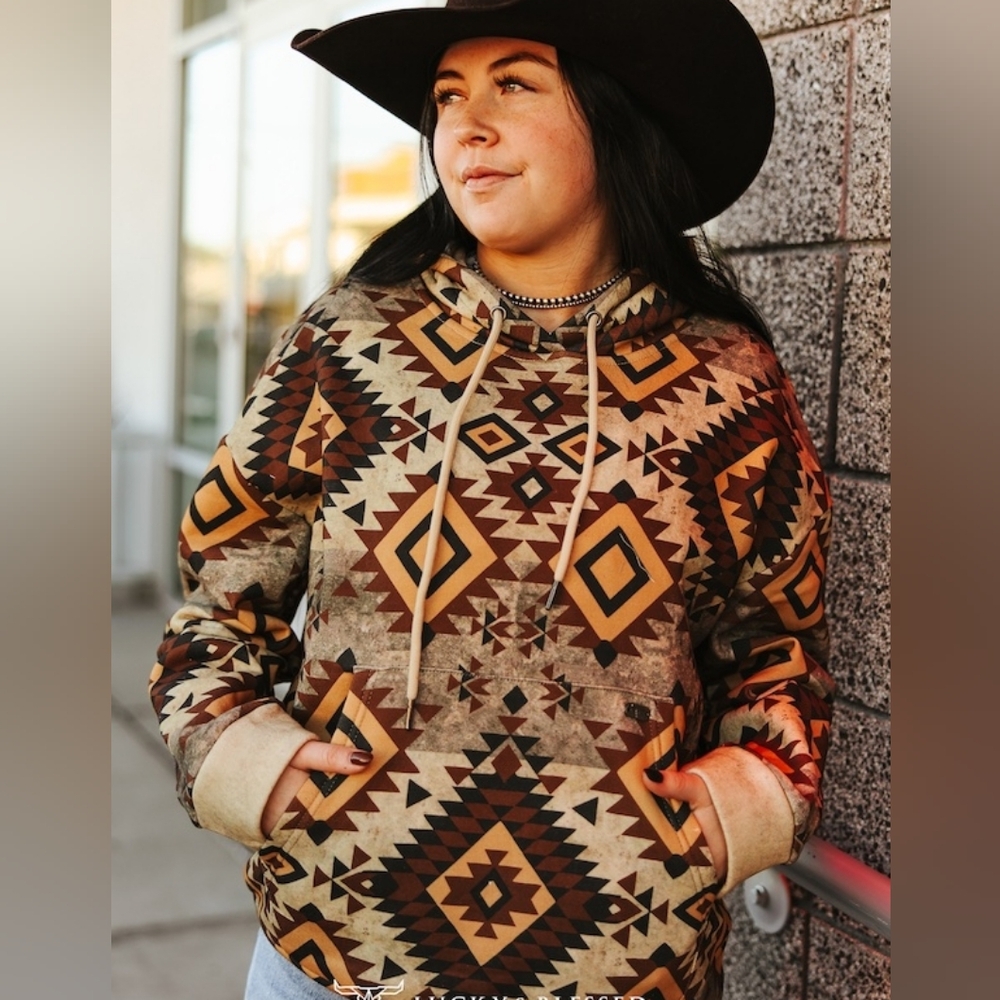 NWT Lucky And Blessed Western Brown Vintage Aztec Printed Drawstring Hoodie - Picture 5 of 6